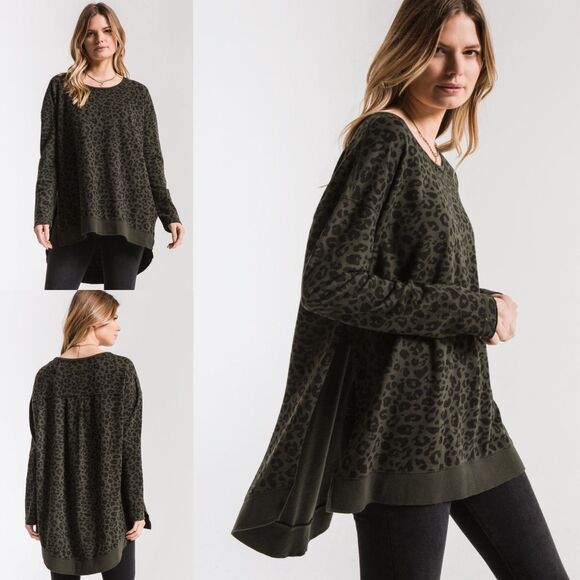 Z Supply Women's Leopard Weekender Elongated Split Side Hems Green Size M - Picture 2 of 11